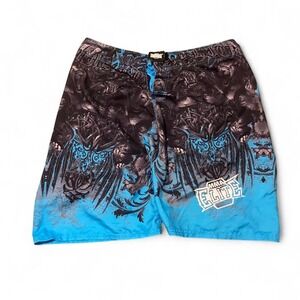 MMA Elite cyan y2k all over print board shorts woodcut size L/36
